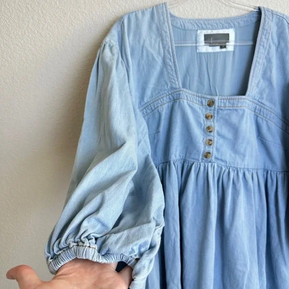 Anthropologie Blue Denim Square Neck Puff Sleeve Babydoll Dress Top 1X pockts - Picture 4 of 9